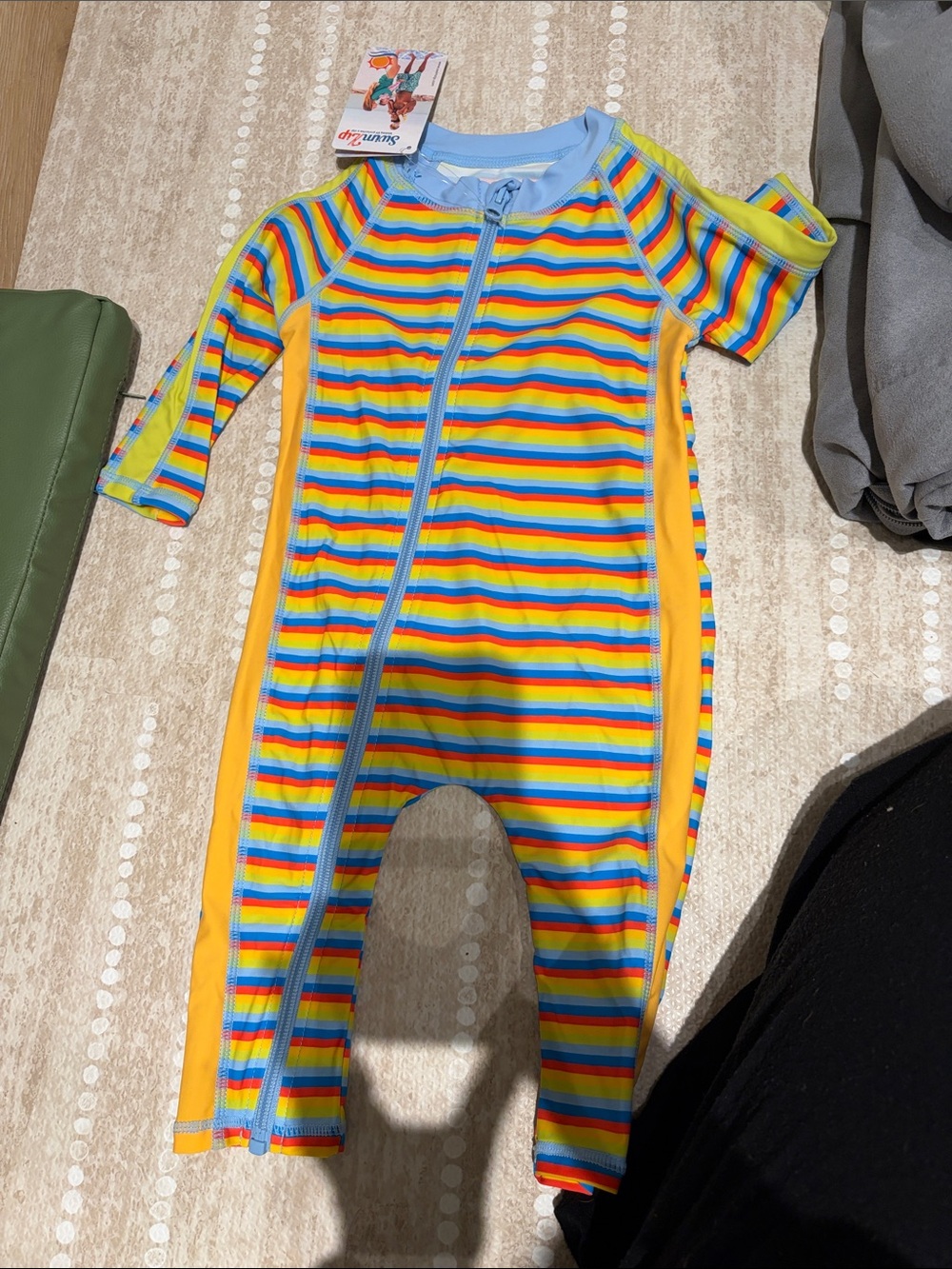 Kids Rainbow Stripe Zip-Front One-Piece Swimsuit - Blue & Yellow